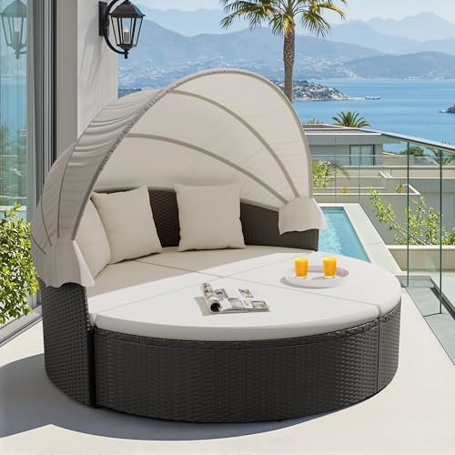 Outdoor Daybed Sofa - 야외용 원형 데이베드, 접이식 캐노피, 위커