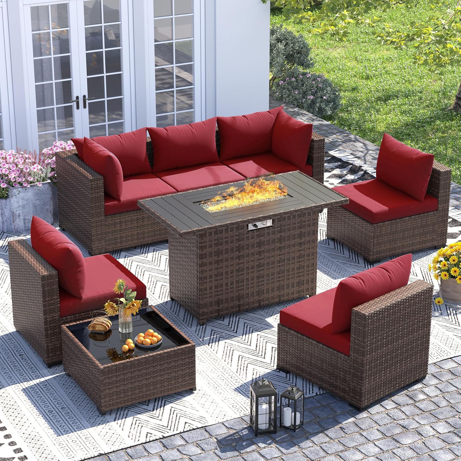 Outdoor Furniture Fire Pit Set - 8피스 전천후 위커 섹셔널 소파 &