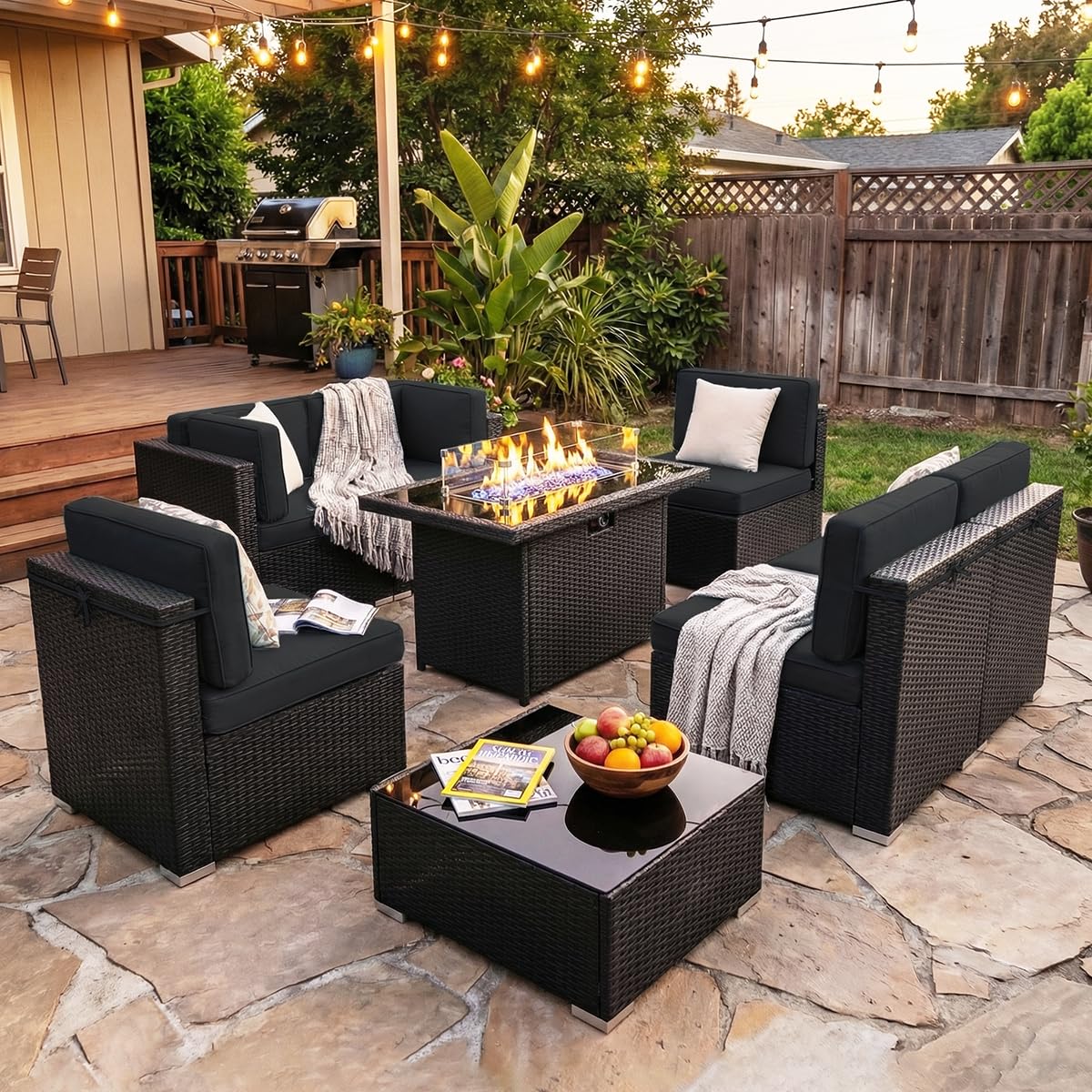 Outdoor Furniture Fire Pit Set - 8피스 파티오 가구 세트(44인치 프로판 가스