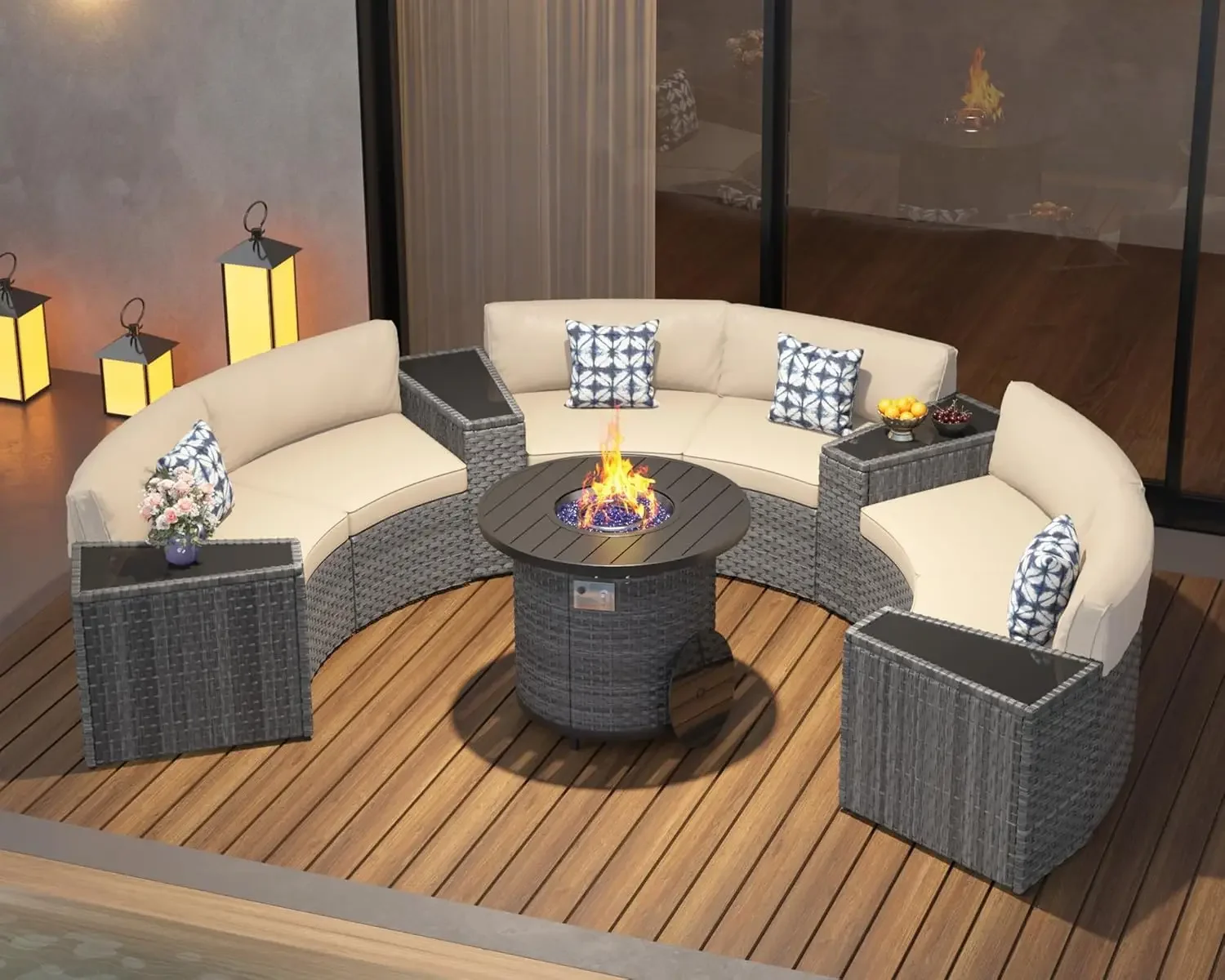Outdoor Furniture Fire Pit Set - 32인치 화덕 테이블, 11피스 반달형 곡선