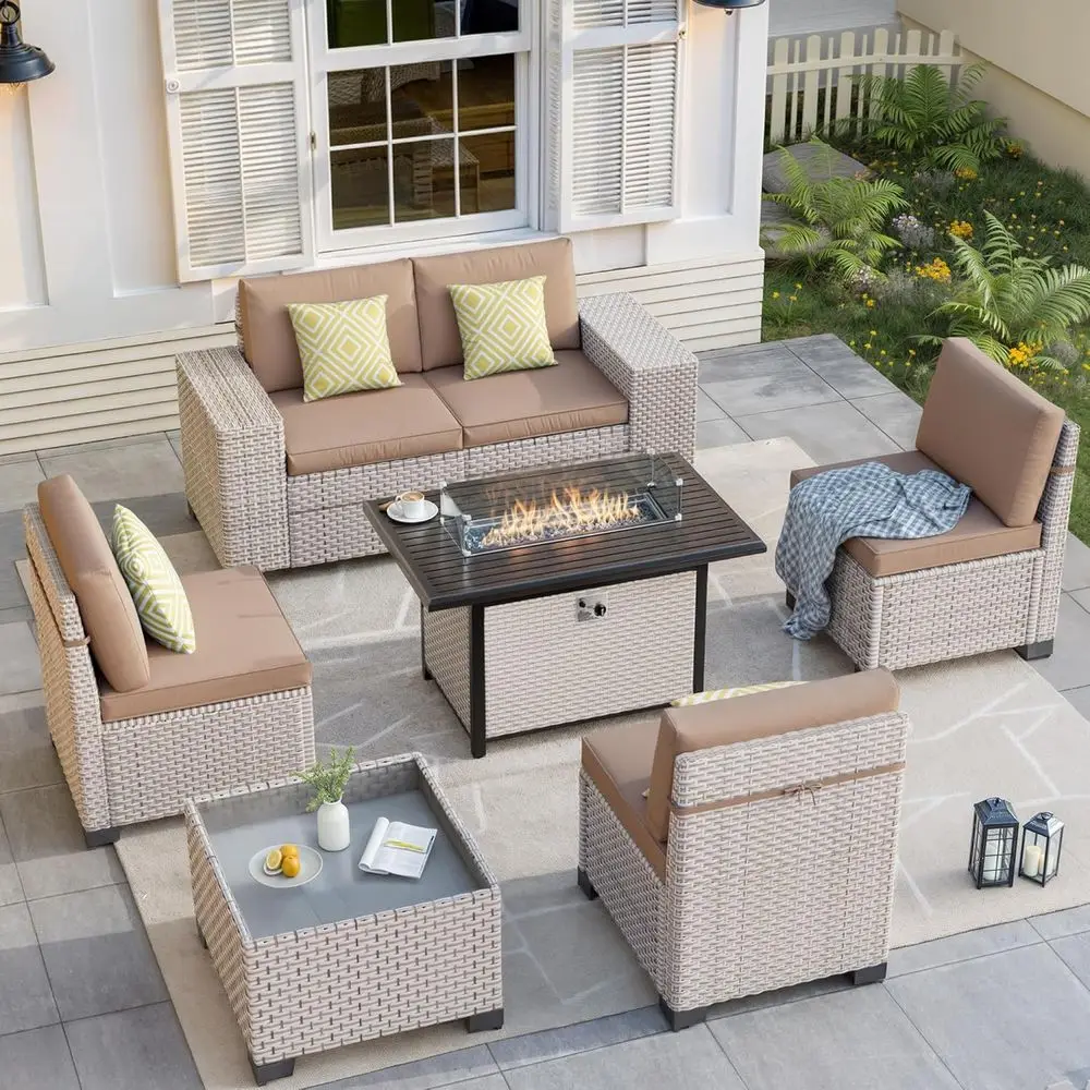 Outdoor Furniture Fire Pit Set - 7피스 야외 파티오 가구 세트(화덕 포함),
