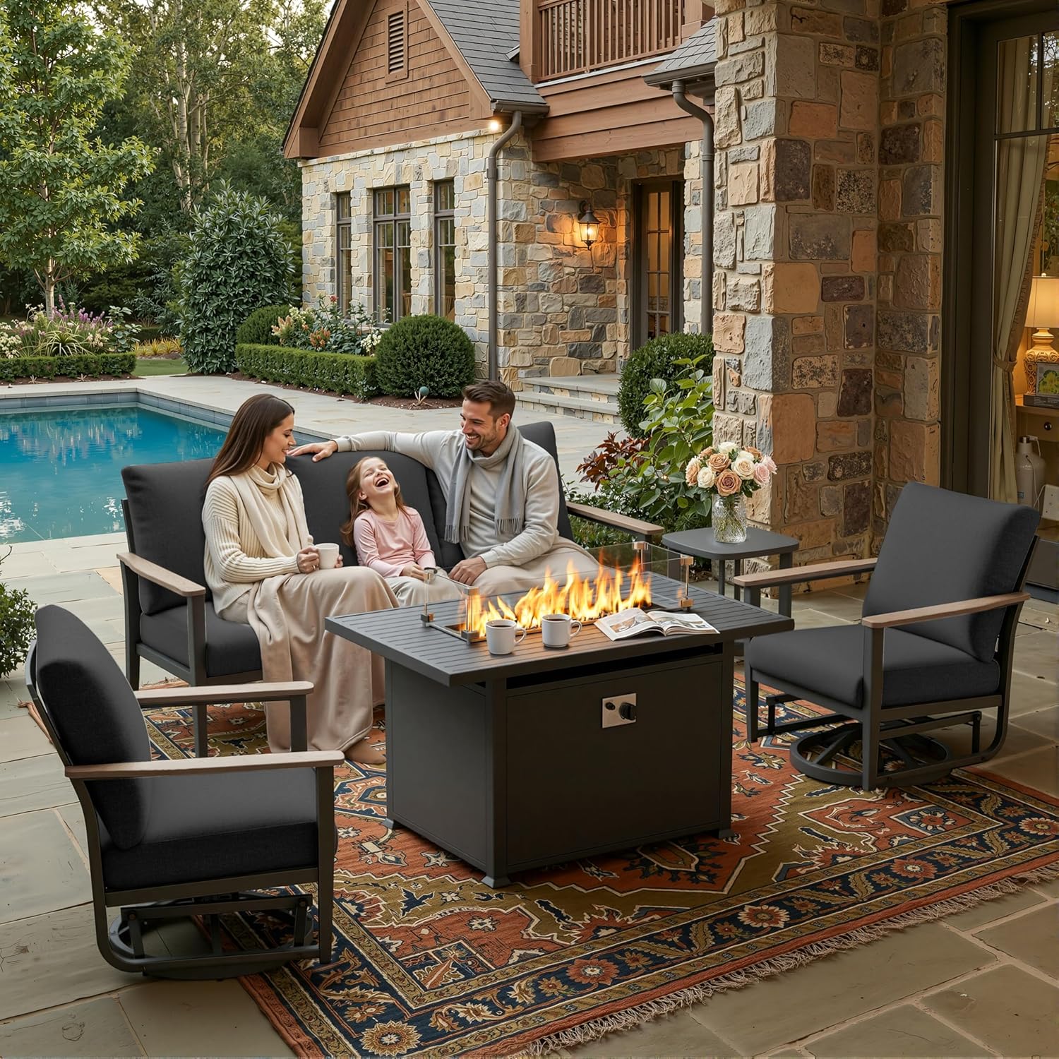 Outdoor Furniture Fire Pit Set - 5피스 알루미늄 파티오 세트 회전식 로커
