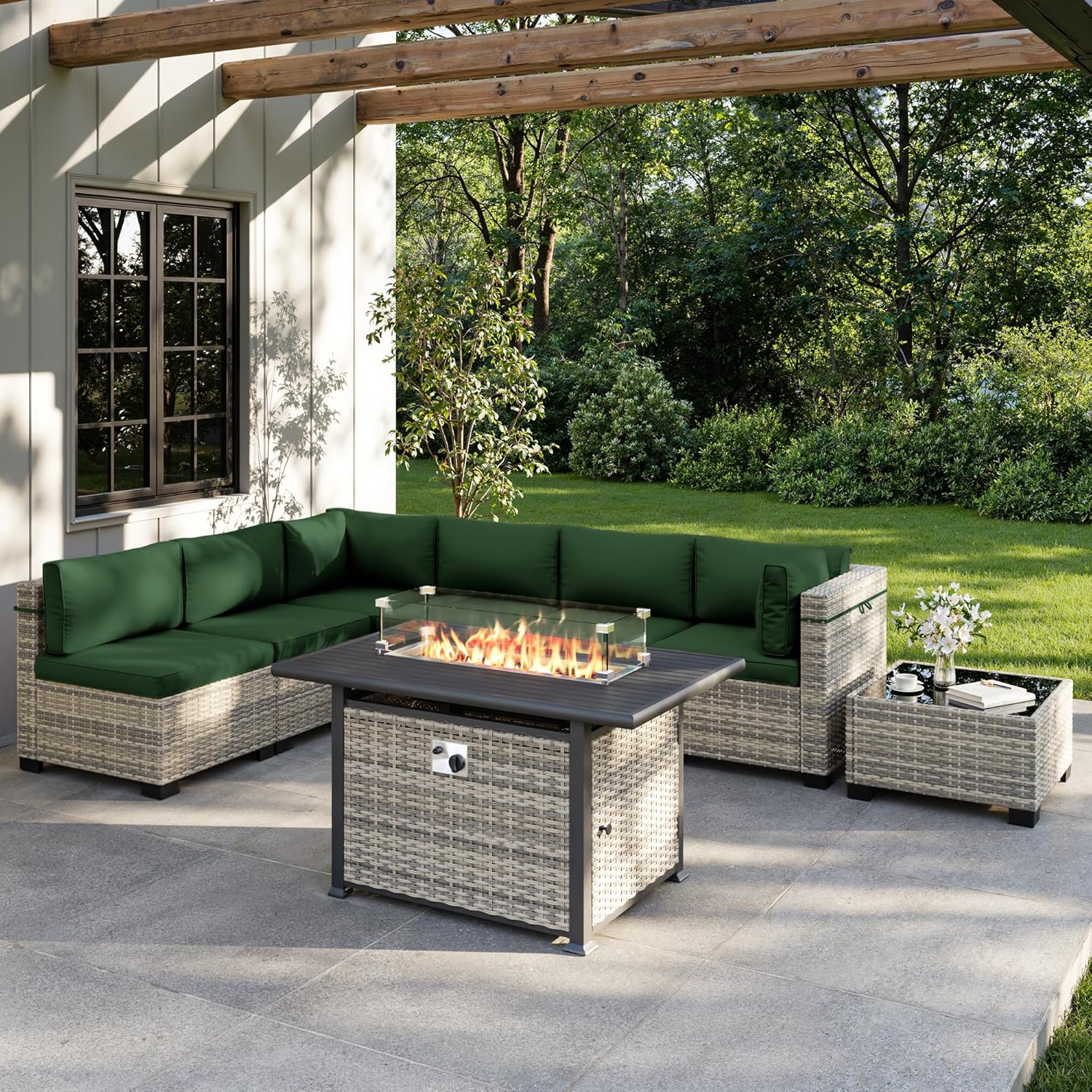 Outdoor Furniture Fire Pit Set - 8피스 야외 파티오 가구 세트(55,000 BTU