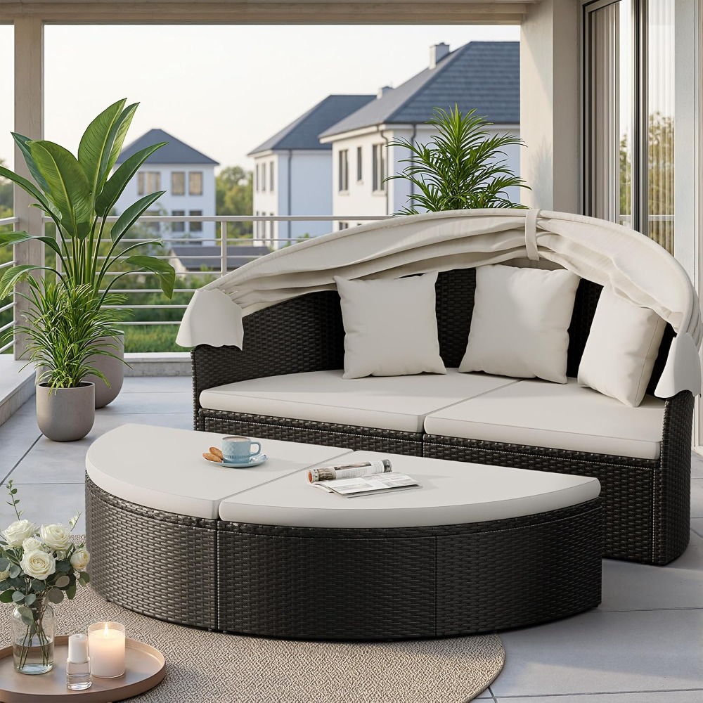 Outdoor Daybed Sofa - 위커 라탄 야외용 원형 데이베드, 접이식