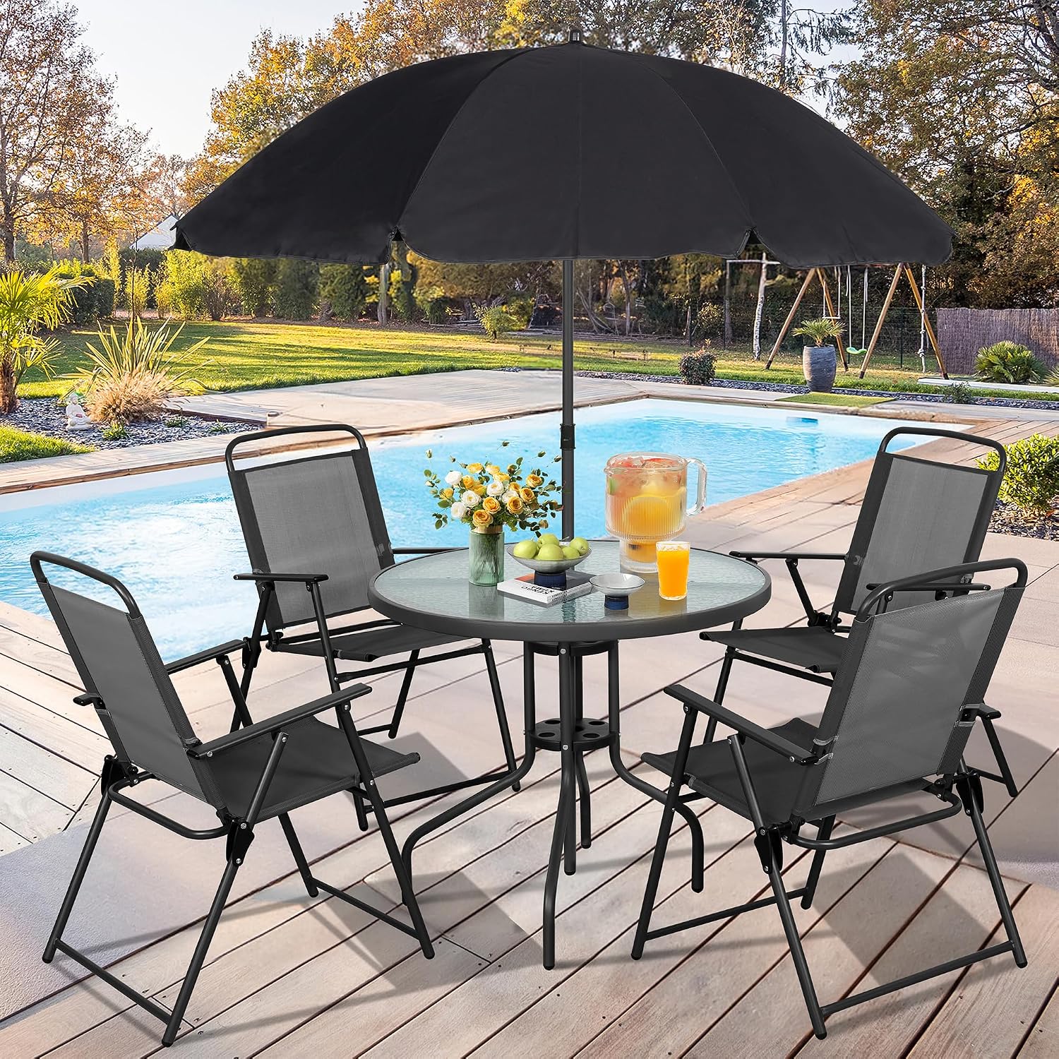 금속 파티오 식탁 세트, 접이식 의자 및 강화 유리 테 - Outdoor Furniture Deals 리뷰 및 가격