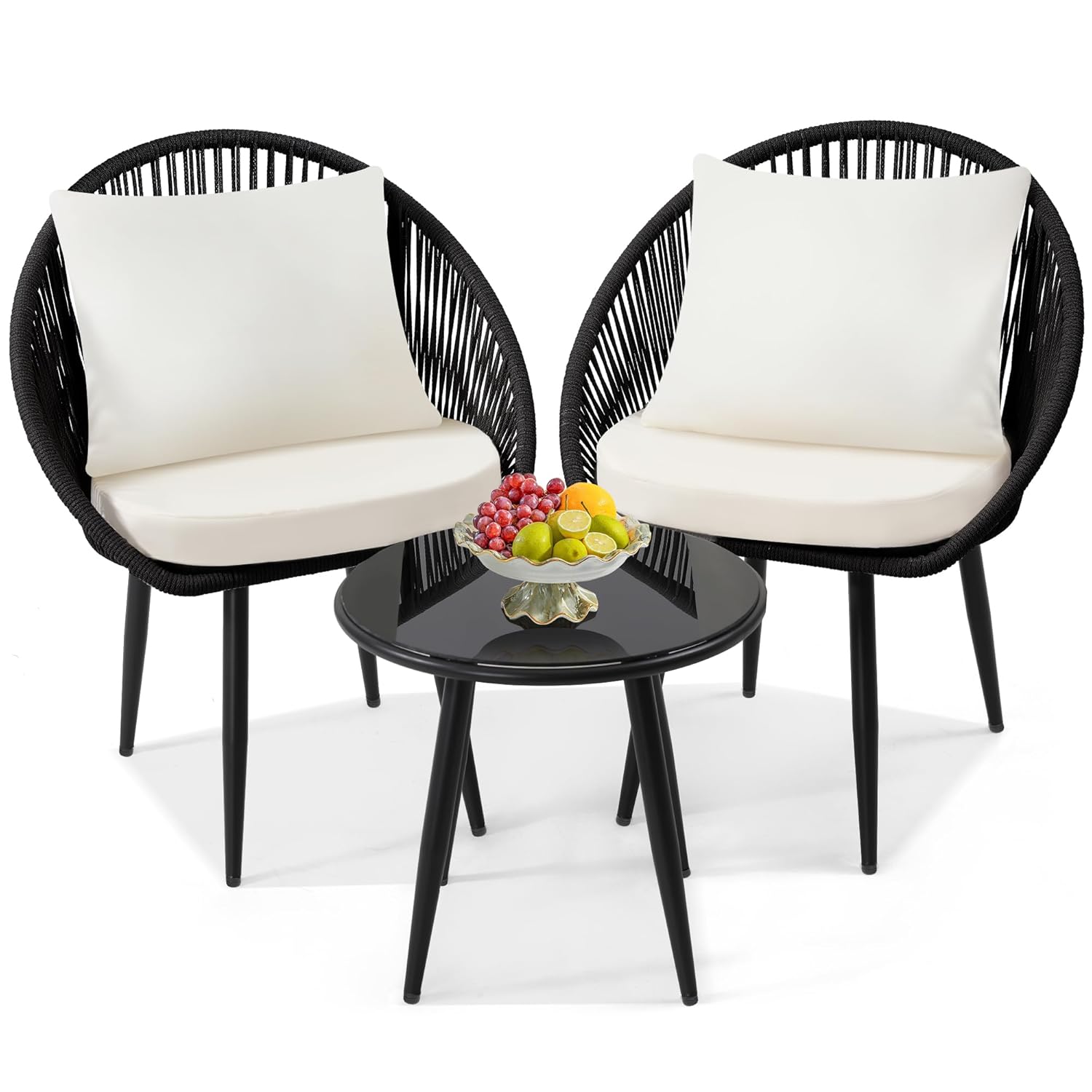 3피스 비스트로 세트, 쿠션이 있는 직조 로프 의자,  - Outdoor Furniture Deals 리뷰 및 가격