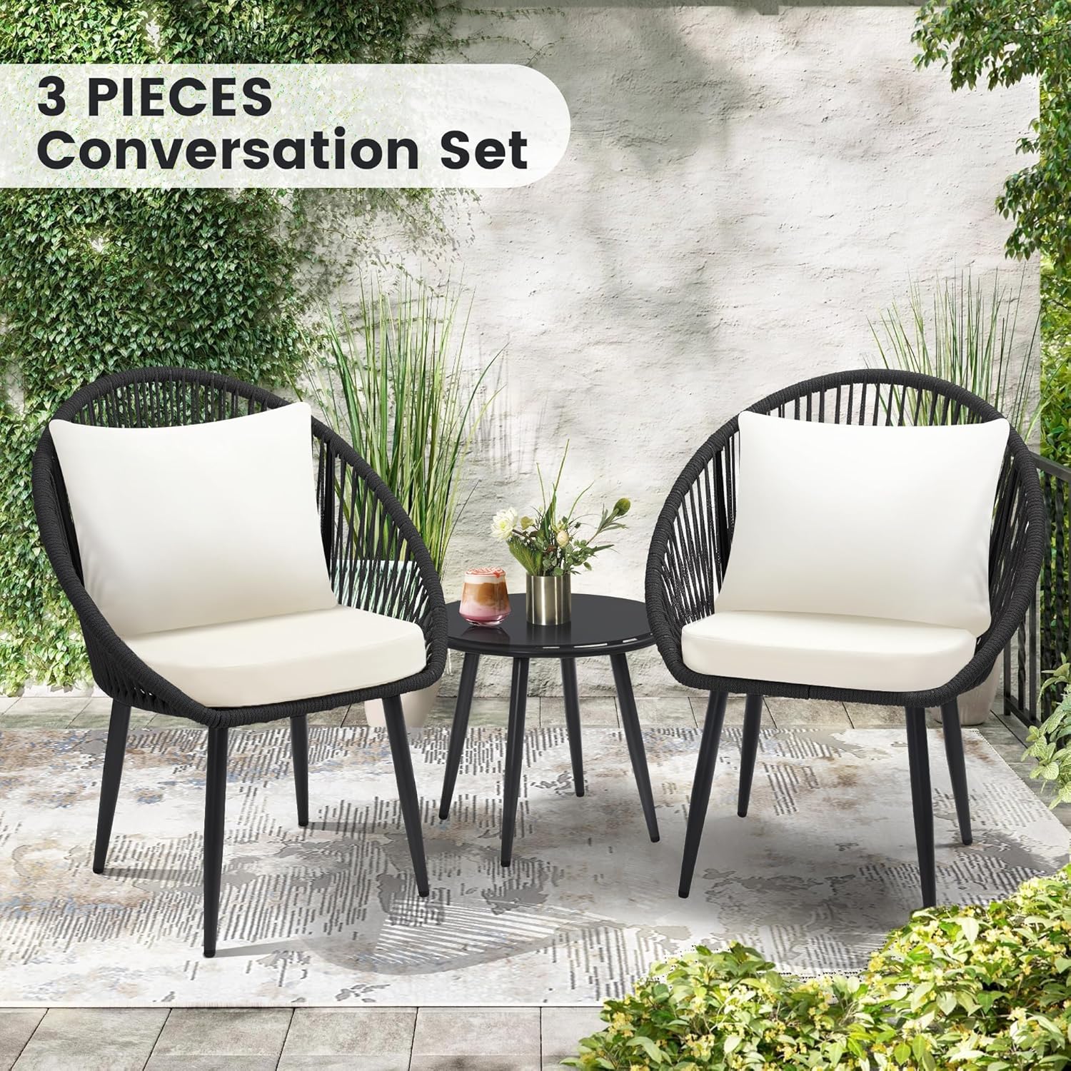 3피스 비스트로 세트, 쿠션이 있는 직조 로프 의자,  - Outdoor Furniture Deals 리뷰 및 가격