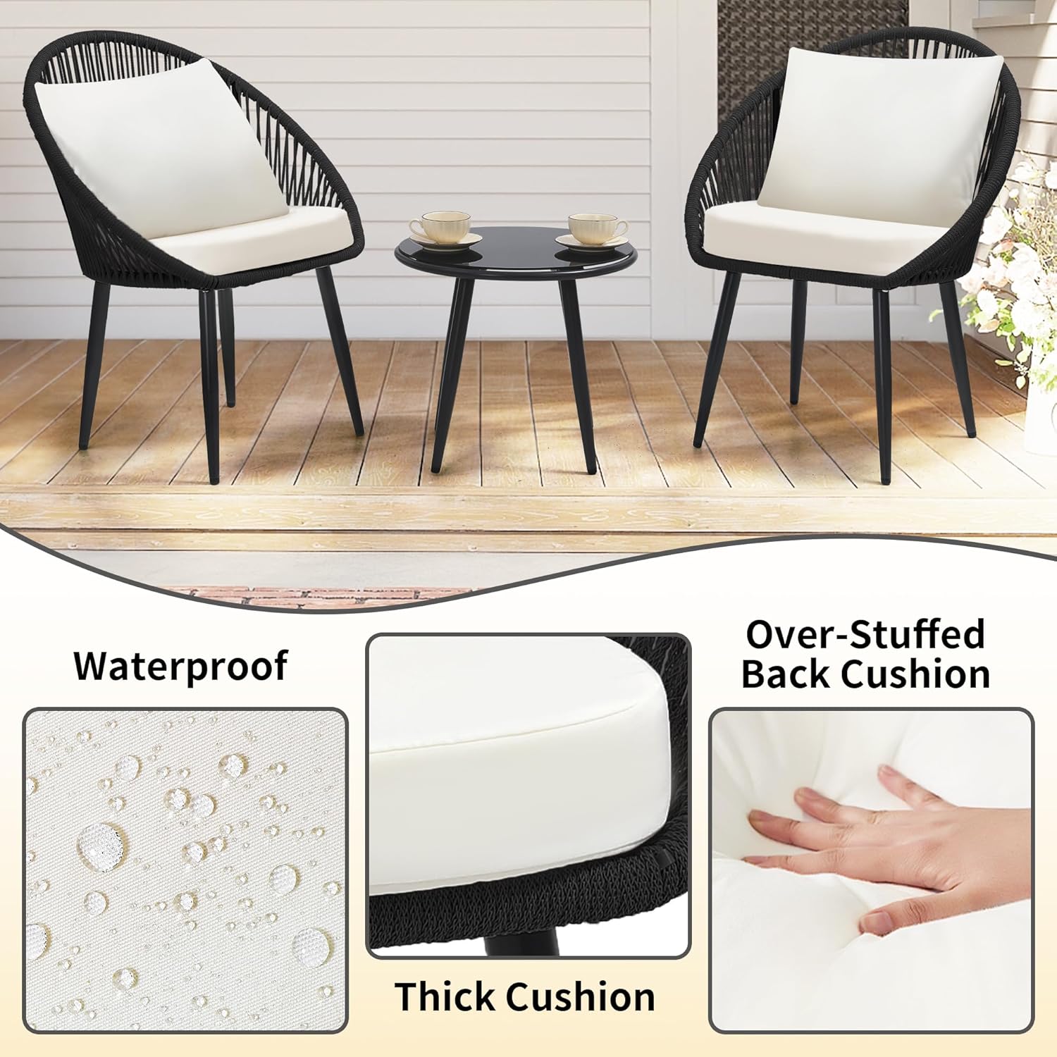 3피스 비스트로 세트, 쿠션이 있는 직조 로프 의자,  - Outdoor Furniture Deals 리뷰 및 가격