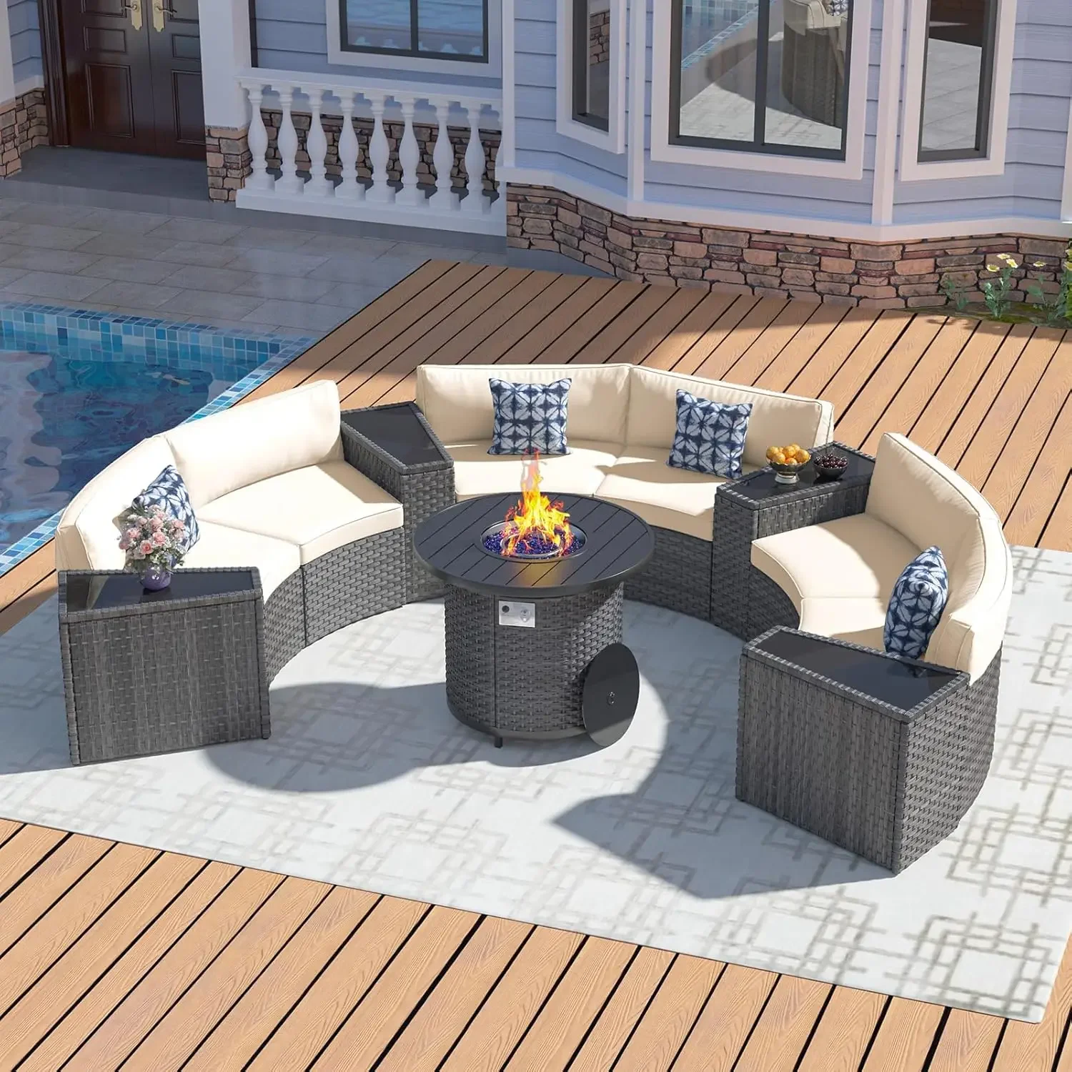32인치 화덕 테이블, 11피스 반달형 곡선 야외 섹셔 - Outdoor Furniture Fire Pit Set 리뷰 및 가격