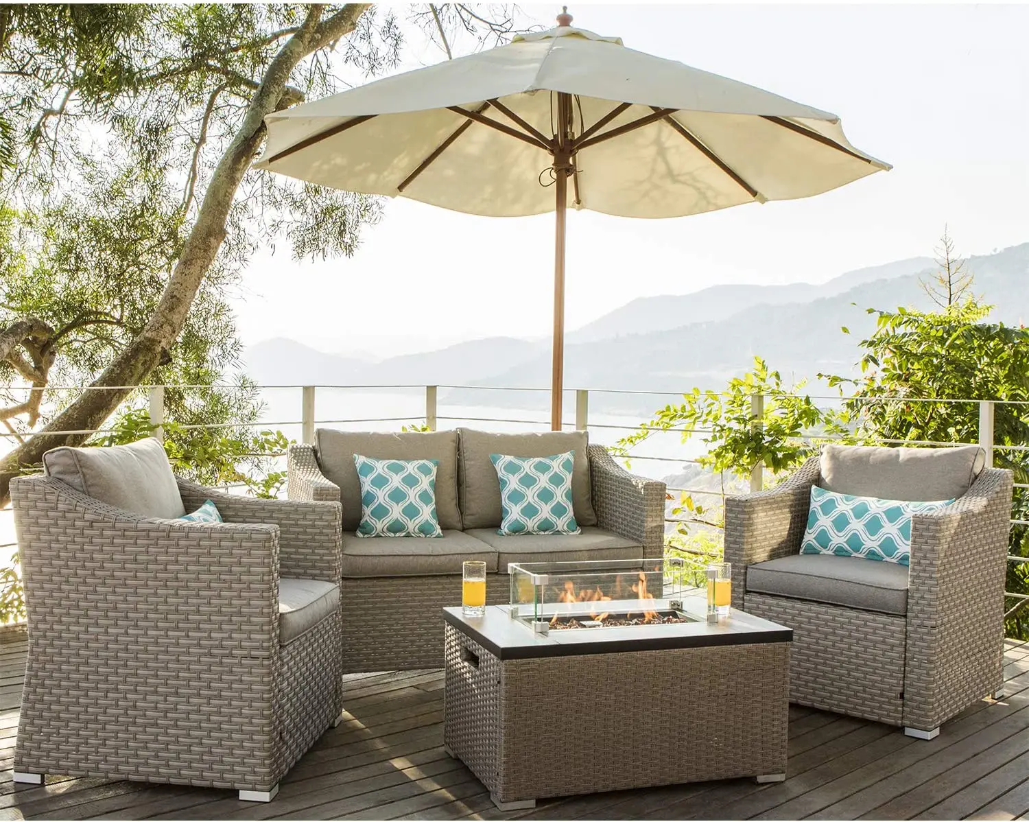 야외 가구 5피스 위커 섹셔널 소파 가스 화덕 파티오  - Outdoor Furniture Fire Pit Set 리뷰 및 가격