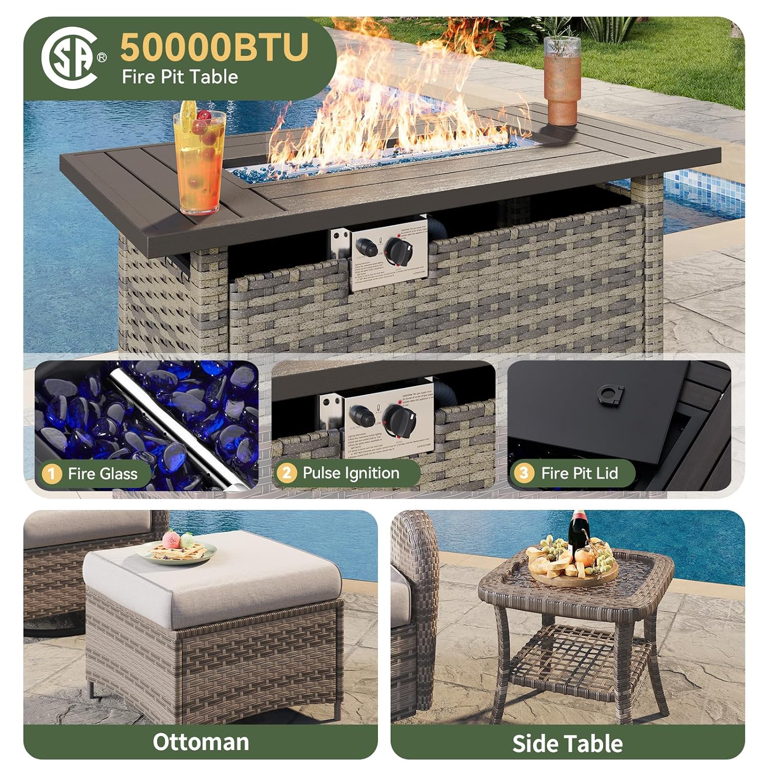 7피스 위커 파티오 세트(44인치 화덕 테이블, 하이백 - Outdoor Furniture Fire Pit Set 리뷰 및 가격