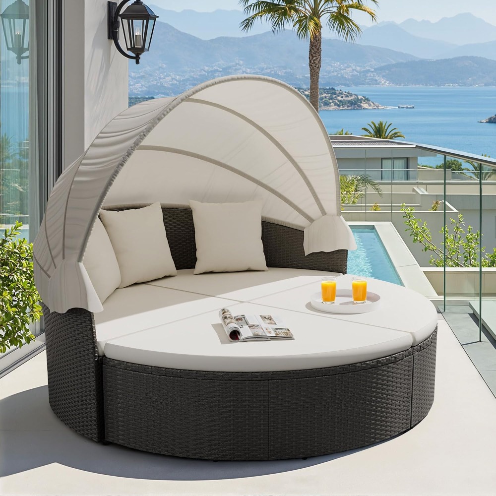 위커 라탄 야외용 원형 데이베드, 접이식 캐노피와 분리 - Outdoor Daybed Sofa 리뷰 및 가격