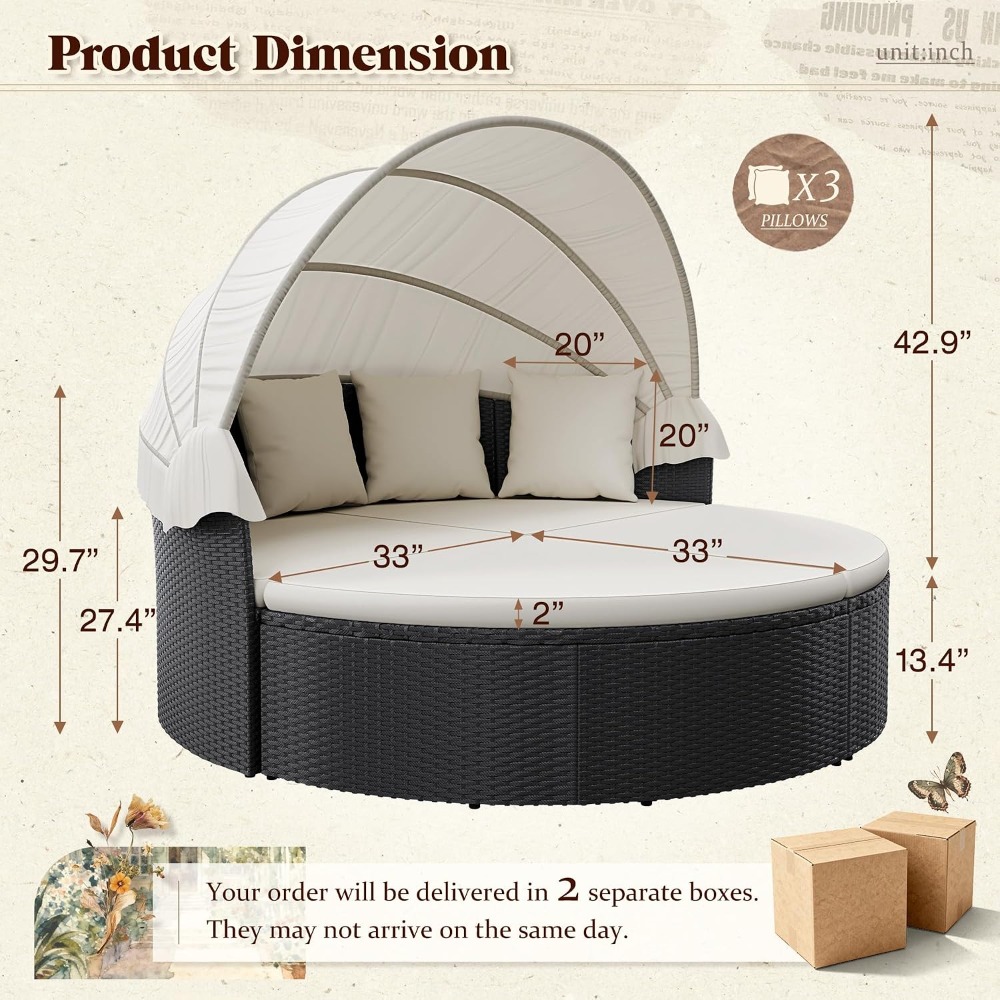 위커 라탄 야외용 원형 데이베드, 접이식 캐노피와 분리 - Outdoor Daybed Sofa 리뷰 및 가격