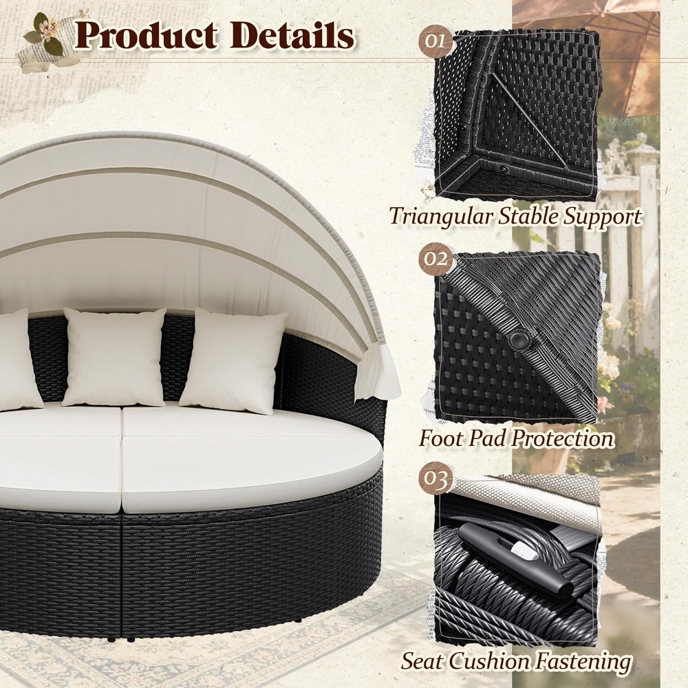 위커 라탄 야외용 원형 데이베드, 접이식 캐노피와 분리 - Outdoor Daybed Sofa 리뷰 및 가격